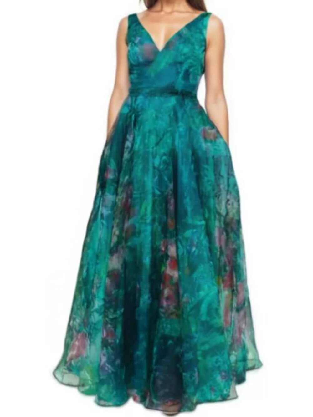 NWT Rene Ruiz Sleeveless V-Neck A-Line Printed Organza Gown SOLD OUT ONLINE